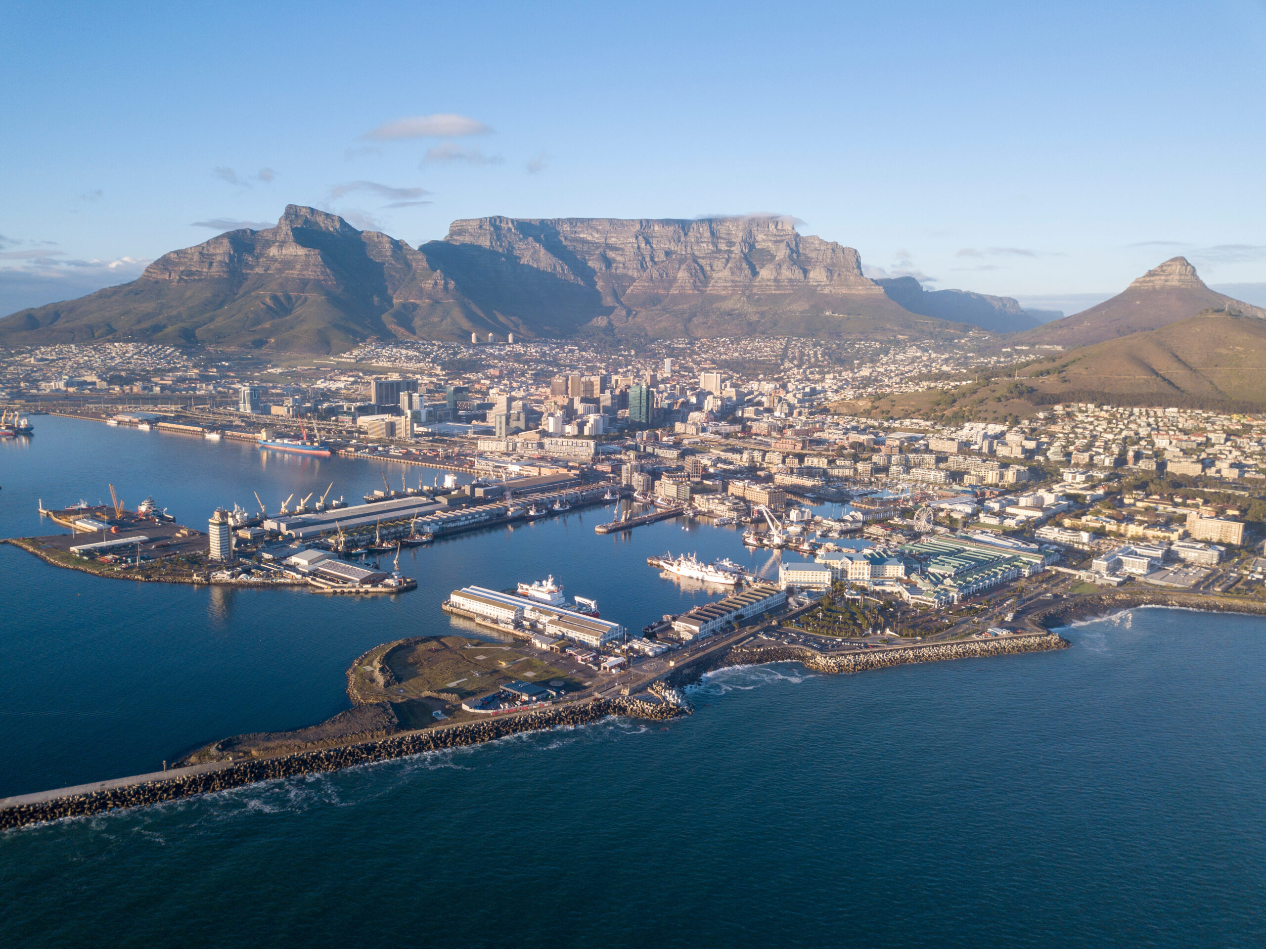 Aerial view over Cape Town, South Africa with Table Mountain